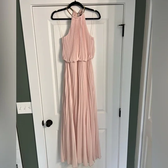 Vintage looking wedding guest dress with gold neckline, pleated size:4